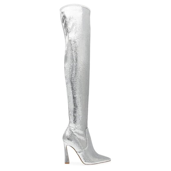 NEW Steve Madden Laddy Sequin Over-The-Knee Stiletto Boots in Silver Sz. 5.5 - Picture 5 of 6